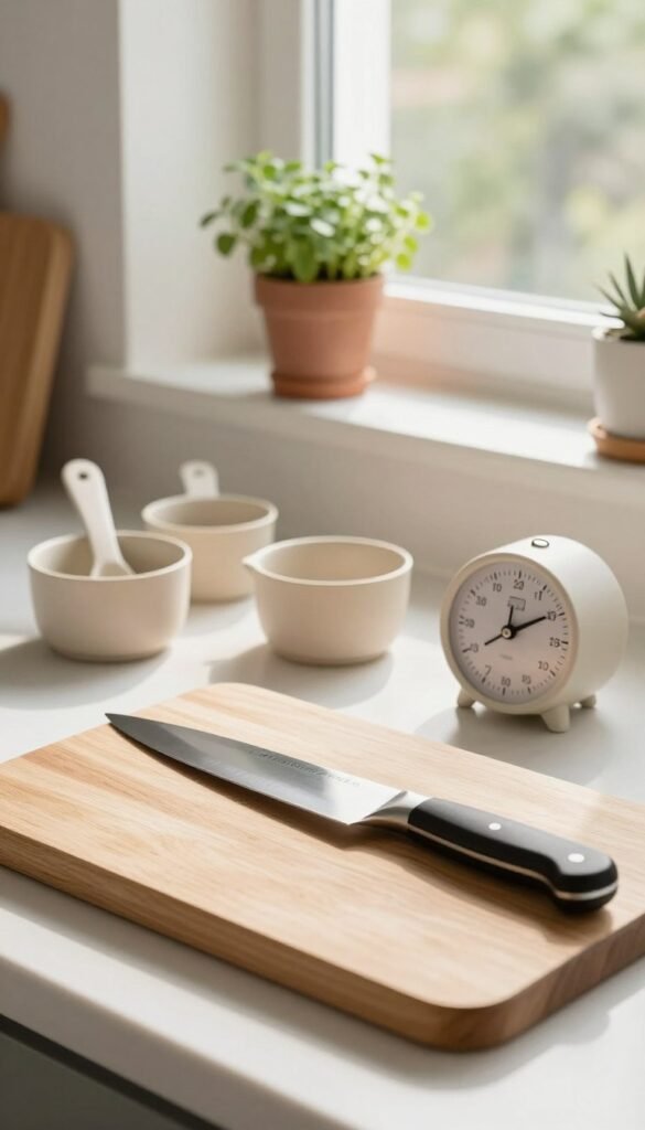 A modern, minimalist kitchen setting featuring elegant, practical kitchen helpers from the brand "Ordnungskiste." In the foreground, a sleek cutting board made from natural wood, paired with a sharp chef's knife, reflects a sense of functionality and simplicity. In the middle ground, neatly arranged utensils, such as measuring cups and a cooking timer, exhibit a harmonious blend of form and function, all in soft, warm hues. The background features a sunny window with potted herbs, enhancing the inviting and cozy atmosphere. Soft natural light illuminates the scene, casting gentle shadows and creating depth. The overall mood is serene and organized, embodying the essence of minimalism without clutter, perfect for showcasing the idea of streamlined kitchen gadgets.