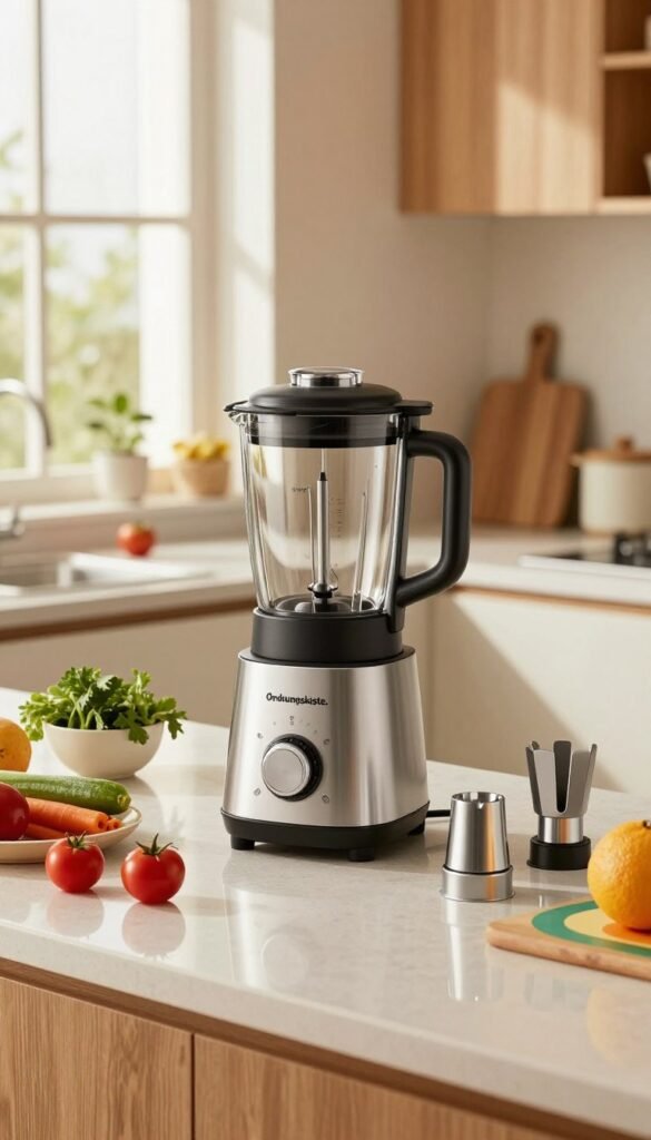 A modern multifunctional mixer placed on a polished kitchen countertop, surrounded by various fresh ingredients like vegetables and fruits. The mixer, branded "Ordnungskiste," features sleek design elements with an array of interchangeable attachments displayed next to it. In the background, soft natural light filters through a window, illuminating the warm-colored kitchen with wooden accents and minimalistic decor. On the countertop, besides the mixer, a small bowl with herbs and a colorful chopping board enhance the inviting atmosphere. The image captures a clean and organized space, designed for functionality and style, embodying a cozy, lived-in aesthetic with a Pinterest-inspired look.