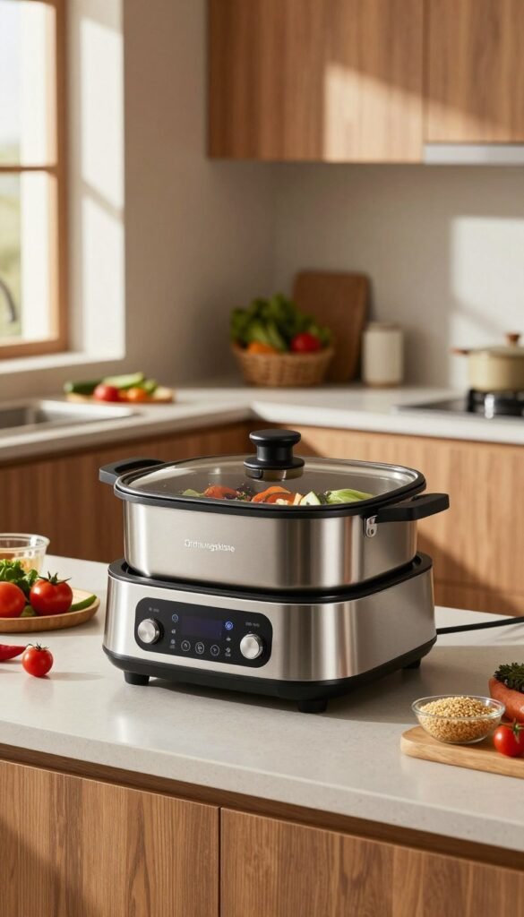 A modern multikocher by the brand "Ordnungskiste" sits elegantly on a sleek kitchen countertop, designed to showcase its various cooking programs. In the foreground, the multikocher features a shiny stainless steel body with intuitive touch controls and an illuminated display. The middle layer includes an assortment of colorful, fresh ingredients like vegetables and grains artfully arranged around the device, hinting at its multifunctionality. In the background, a warm and inviting kitchen atmosphere is created with wooden cabinets and soft natural lighting filtering through a nearby window, casting gentle shadows. The overall mood is cozy and inspiring, inviting viewers to imagine the ease of meal preparation with this versatile appliance, reinforcing the concept of time-saving kitchen helpers.