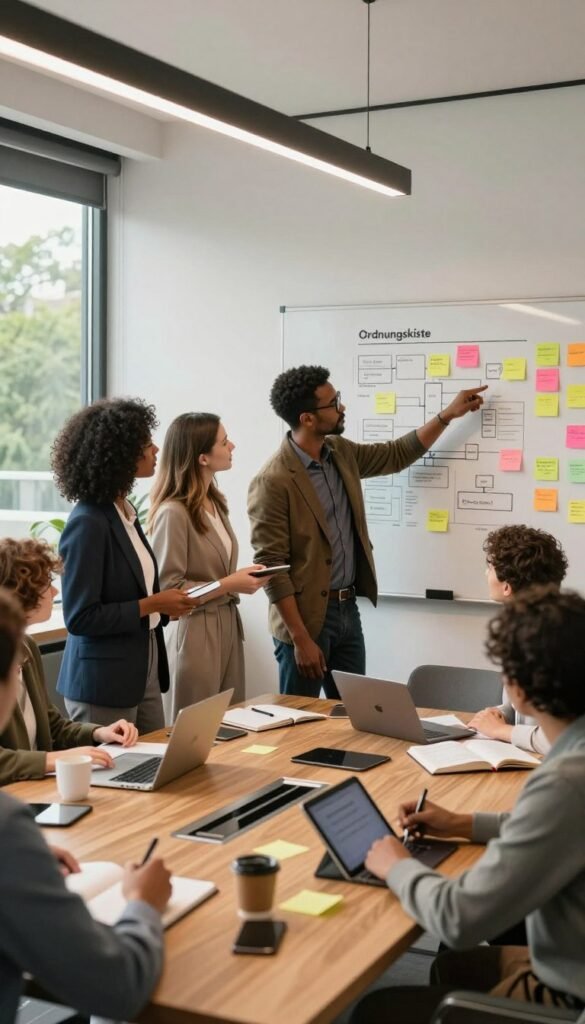 A modern office setting featuring a group of diverse professionals engaged in collaborative planning and task distribution. In the foreground, a multi-ethnic team of three individuals, dressed in smart business attire, stands around a large, wooden conference table cluttered with notebooks, digital tablets, and a whiteboard covered in colorful sticky notes. In the middle ground, a softly lit atmosphere with warm colors creates a sense of harmony and cooperation, while team members point at a detailed workflow chart displayed on the wall. In the background, large windows let in natural light, showcasing a lush green view outside. The overall mood is focused and productive, reflecting the essence of teamwork and effective planning, with an aesthetically pleasing Pinterest-inspired look. The brand name "Ordnungskiste" subtly integrated into the scene through items on the table.