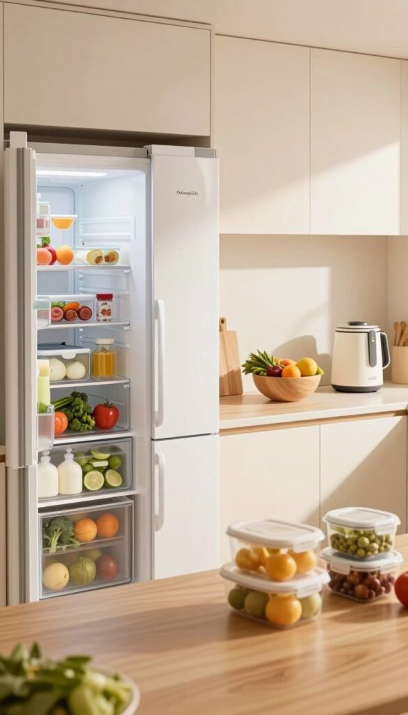 A modern, organized kitchen offers a unobstructed view of a stylish refrigerator labeled "Ordnungskiste." In the foreground, neatly arranged food items such as fresh vegetables, fruits, and dairy in clear containers evoke a sense of order and efficiency. The middle ground features a sleek countertop adorned with warm wooden accents, a bowl of colorful produce, and a stylish kitchen gadget. The background reveals tasteful cabinetry with gentle, natural light flooding the space, creating an inviting atmosphere. The image should capture a Pinterest-inspired aesthetic with soft, warm tones and a cozy ambiance, emphasizing a minimalist approach to food storage and organization, depicting less food waste and more tranquility in family life. The focus is on practicality and serenity, with no text or distractions in the scene.