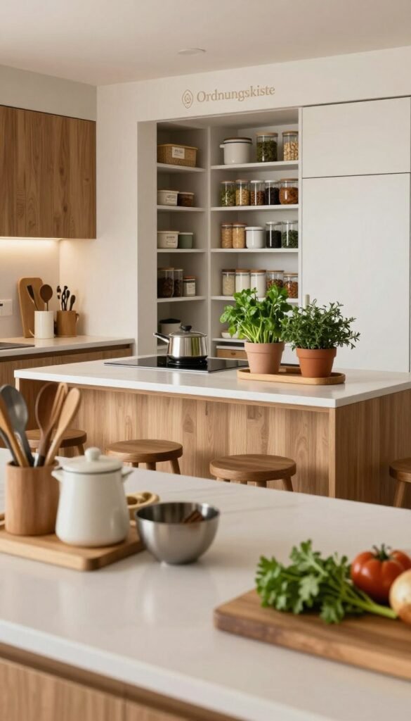 A modern, organized kitchen space showcasing the essence of efficiency and tranquility. In the foreground, a sleek countertop with neatly arranged kitchen tools and fresh ingredients, exuding a sense of inviting warmth with natural, soft lighting. The middle ground features a stylish kitchen island with wooden accents and vibrant potted herbs, while the background reveals a well-organized pantry with clearly labeled containers, emphasizing the theme of order. The overall color palette consists of warm, earthy tones, reminiscent of a cozy Pinterest aesthetic. The atmosphere is peaceful and inspiring, ideal for anyone looking to conquer kitchen chaos. An elegant logo of "Ordnungskiste" subtly integrated into the design enhances the professional look without disrupting the harmony of the image.