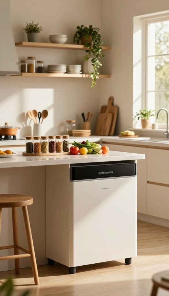 A modern, organized kitchen with an emphasis on efficiency, showcasing a stylish "Ordnungskiste" in the foreground. The scene is well-lit with warm, natural light streaming in from a nearby window, creating a cozy and inviting atmosphere. In the middle, a sleek countertop displays neatly arranged cooking utensils, spice jars, and colorful vegetables, demonstrating a functional and user-friendly kitchen system. The background features open shelving with aesthetically pleasing dishware and plants, enhancing the Pinterest-worthy look. The overall mood is one of tranquility and motivation, inspiring a sense of calm as well as organization in daily kitchen tasks.