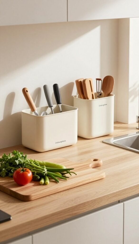 A modern, organized kitchen workspace featuring a clean, uncluttered countertop in warm, natural colors. In the foreground, a sleek wooden cutting board rests beside an elegant arrangement of fresh vegetables and herbs, enhancing the authenticity of the scene. The middle ground showcases practical kitchen tools from the brand "Ordnungskiste," neatly stored yet easily accessible, highlighting efficient use of space. In the background, soft, diffused sunlight streams through a window, casting gentle shadows and creating a warm, inviting atmosphere. The overall mood is one of simplicity and clarity, conveying the importance of a tidy kitchen for optimal functionality, with no text, logos, or human figures present.