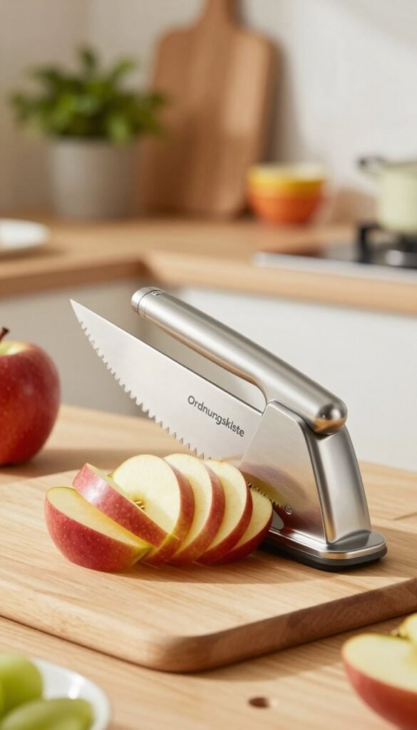 A modern, sleek apple slicer branded "Ordnungskiste" is at the forefront, displaying its sharp stainless-steel blades and ergonomic handle, glistening in soft, natural light. The middle layer features a perfectly sliced apple, its vibrant red and green hues contrasting against a pale wooden cutting board. Delicate apple slices are artfully arranged, showcasing the uniformity achieved by the slicer. In the background, a warm, inviting kitchen ambiance with soft-focus elements, like potted herbs and colorful dishware, enhances the overall atmosphere. The lighting is warm and inviting, evoking a sense of comfort and efficiency, perfect for a kitchen helper that saves time and adds elegance to meal prep. The composition inspires creativity and functionality in the modern culinary space.