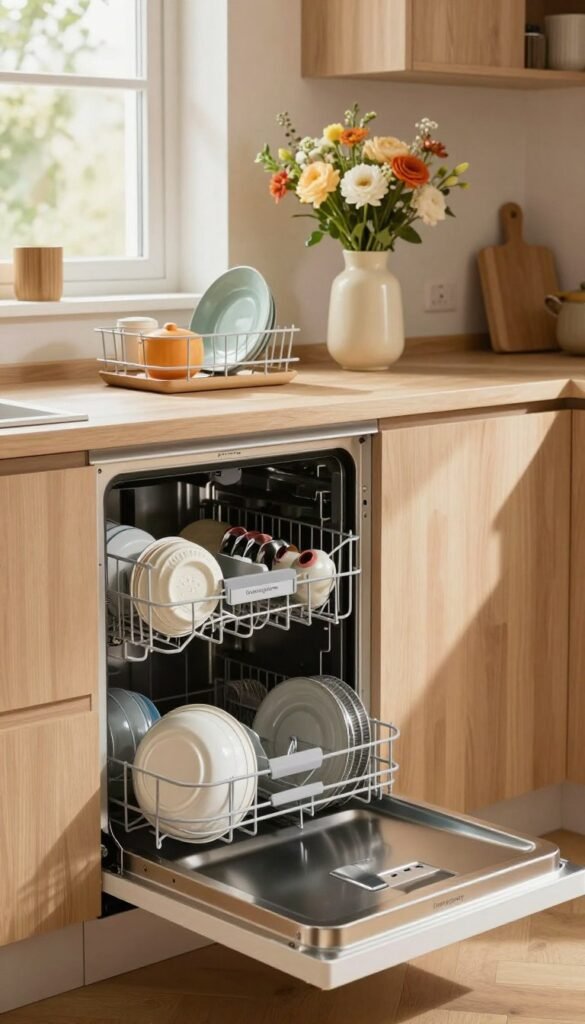 A modern, sleek kitchen featuring an elegant "geschirrsp&uuml;ler" seamlessly integrated into a well-organized space. In the foreground, the dishwasher is partially open, revealing sparkling clean dishes and utensils. The middle layer showcases a neatly arranged countertop with a dish rack, colorful dishware, and a stylish vase of fresh flowers, creating a warm and inviting atmosphere. In the background, soft natural light filters through a window, highlighting the warm wood tones and soft textures of the kitchen. The overall mood is one of efficiency and tranquility, evoking the idea of a well-designed workflow. Include branding elements subtly, depicting the dishwasher as &ldquo;Ordnungskiste.&rdquo; Authentic look with warm colors, no text or logos visible in the image.