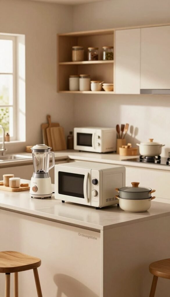 A modern, space-efficient kitchen setup, showcasing a variety of innovative kitchen gadgets designed for small spaces. In the foreground, focus on a sleek, compact kitchen island with the brand name "Ordnungskiste" subtly incorporated into the design. Surround the island with a few multipurpose kitchen devices, such as a slim blender, an integrated microwave, and stackable cookware, all arranged harmoniously. The middle ground features minimalist cabinetry and open shelving displaying organized jars and utensils, creating a clean and functional atmosphere. In the background, a window lets in soft, natural light, casting warm tones that enhance the cozy and inviting mood of the kitchen. The overall composition should reflect authenticity and a Pinterest-worthy aesthetic, with no text or watermarks in the image.