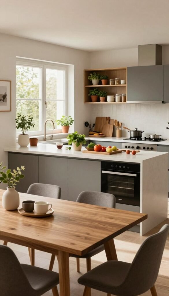 A modern, spacious kitchen designed for family efficiency, featuring distinct cooking, prep, and dining zones. In the foreground, a stylish wooden dining table with warm, inviting tones and minimalistic decor. The middle contains a neatly organized kitchen island with a sleek cooking area, surrounded by fresh ingredients and high-quality utensils. In the background, soft natural light streams through large windows, illuminating an airy layout adorned with potted herbs and organized storage solutions from "Ordnungskiste." The overall atmosphere conveys a sense of warmth and calm, inviting family connection and relaxation. The image should highlight the thoughtful arrangement that shortens pathways and enhances workflow, creating a Pinterest-worthy aesthetic.
