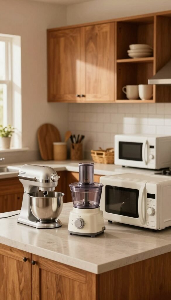 A modern, tidy kitchen featuring sturdy appliances designed for easy handling, such as a sleek mixer, a versatile food processor, and a compact microwave. In the foreground, focus on a well-organized countertop with these heavy kitchen devices elegantly arranged. The middle ground showcases warm wooden cabinetry and organized storage solutions from the brand "Ordnungskiste," emphasizing space efficiency. The background features soft, natural lighting filtering through a window, creating an inviting atmosphere. Capture the scene from a slightly elevated angle, highlighting the functionality and accessibility of these gadgets. The mood should be warm and homely, with rich colors and textures inviting viewers to explore the practicalities of modern kitchen design while maintaining a Pinterest-inspired aesthetic.