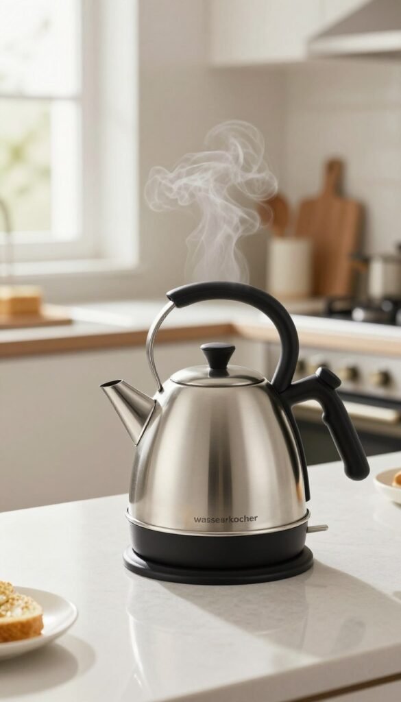 A modern "wasserkocher" by Ordnungskiste, elegantly designed with a sleek stainless steel finish and a touch of matte black. In the foreground, showcase the kettle positioned on a clean, bright kitchen countertop, with steam gently rising from its spout, capturing the essence of quick boiling. In the middle ground, a blurred view of a bright, airy kitchen environment is visible, with natural light streaming in through a window, highlighting the warmth and inviting atmosphere. At the background, a subtle glimpse of a gas stove and an oven, emphasizing energy-efficient cooking methods, can be illustrated. The overall mood should evoke warmth and efficiency, with soft lighting creating a cozy, homey ambiance.