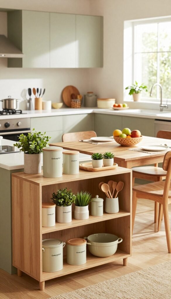 A modern, well-organized family kitchen filled with warm, natural colors, showcasing neatly arranged kitchen products from the brand "Ordnungskiste." In the foreground, emphasize a stylish, open shelving unit displaying various kitchen essentials&mdash;canisters, utensils, and decorative plants. The middle ground features a beautifully set dining table, complete with placemats and a fruit bowl that exudes a cozy, inviting atmosphere. In the background, highlight sleek cabinetry and a sunlit window, accentuating the homey feel. Use soft, natural lighting to create a serene ambiance, and capture the scene from a slightly elevated angle to encompass the kitchen's structure and flow. The overall mood should reflect a sense of relaxation and order, ideal for family gatherings.