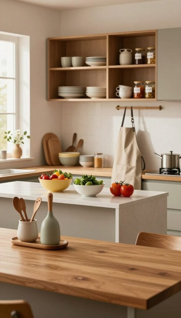 A neat and organized kitchen atmosphere set in a modern design. In the foreground, a polished wooden countertop with a few stylish kitchen tools arranged neatly. The middle layer features a sleek, minimalist kitchen island with colorful, fresh ingredients in pristine bowls, and a stylish apron hanging on a nearby rack. The background shows cabinets with orderly dishes and jars labeled 'Ordnungskiste,' emphasizing tidy storage. Soft, warm lighting stream through a window, creating inviting highlights across the surfaces, enhancing the cozy ambiance. The mood conveys a feeling of calm efficiency, perfect for everyday cooking, without clutter and with a Pinterest-inspired aesthetic that feels both authentic and inspiring.