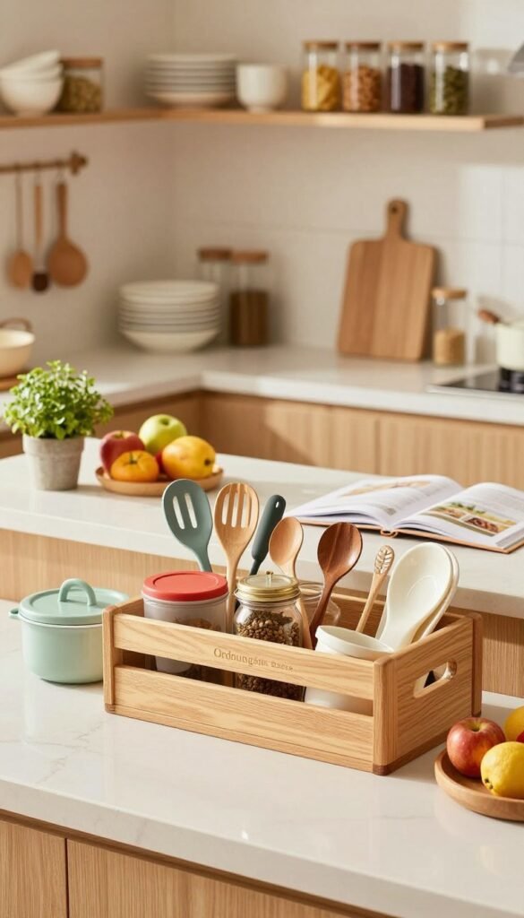 A neatly organized kitchen counter with a warm, inviting atmosphere, showcasing a transformation of chaos to order in just a few minutes. In the foreground, colorful kitchen gadgets and storage containers, prominently featuring a stylish, natural wooden Ordnungskiste filled with various utensils, spices, and kitchen tools. In the middle ground, a clean and clear countertop adorned with neatly arranged fruits, a small potted herb, and an open recipe book. The background softly blurs into a bright, sunlit kitchen space with shelves displaying neatly stacked bowls and jars filled with ingredients. Soft, warm lighting enhances the cozy ambiance, creating a Pinterest-worthy aesthetic. The whole scene conveys efficiency and tranquility, inviting the viewer to feel inspired by the potential for a stress-free kitchen environment.