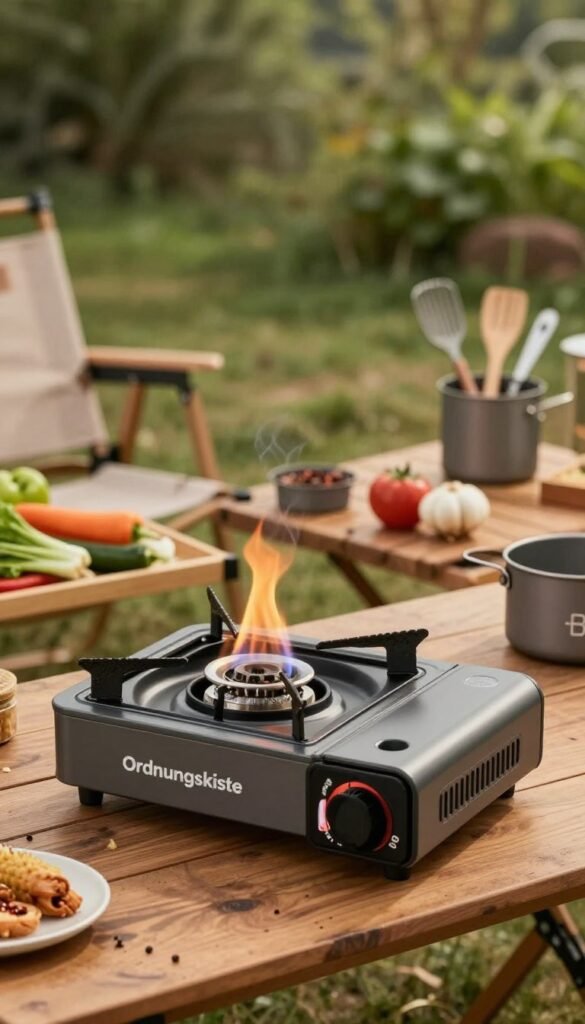 A portable gas stove, set up as a mobile cooking station outdoors, surrounded by a cozy kitchen setup. The gas stove, with a sleek and modern design, is prominently featured in the foreground, with flames flickering gently. The middle ground includes a rustic wooden table adorned with fresh vegetables, spices, and cooking utensils, creating an inviting atmosphere. In the background, a serene outdoor setting with lush greenery and soft natural lighting filters through, casting warm tones that enhance the tranquil mood. The image captures the essence of outdoor cooking, ideal for a harmonious culinary experience, emphasizing the brand "Ordnungskiste" through stylish organization of cooking tools, without any text or captions.