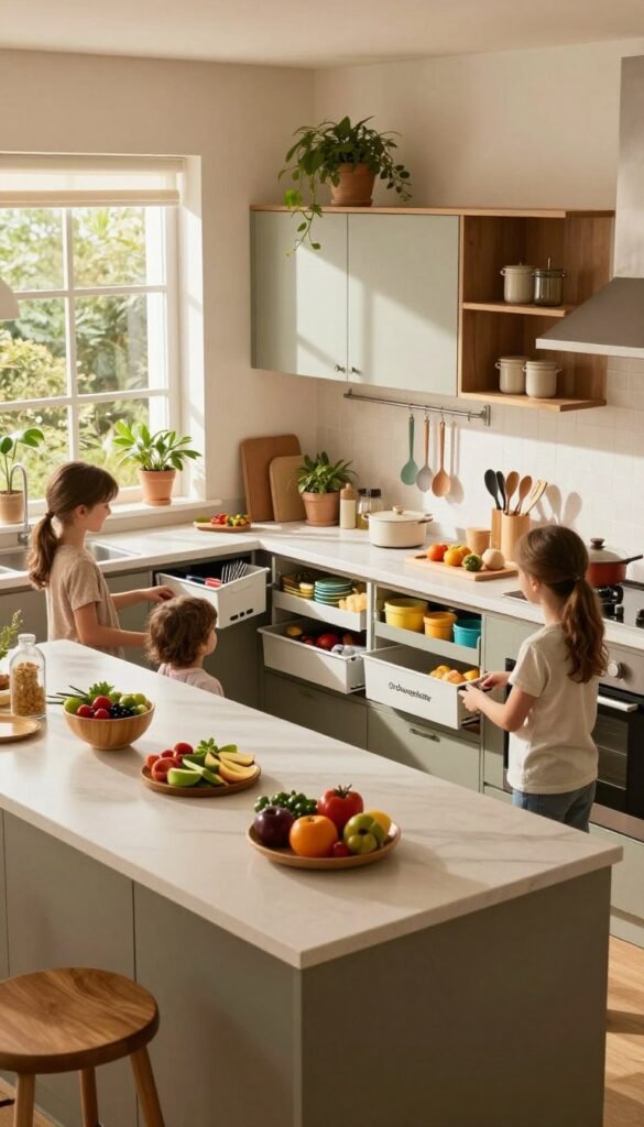 A practical family kitchen designed for efficiency and stress-free cooking, featuring a modern layout with a spacious island in the foreground. The middle section showcases organized cabinetry, including a stylish "Ordnungskiste" for storage, colorful utensils, and fresh ingredients laid out for accessible cooking. The background includes large windows allowing warm, natural light to fill the space, enhancing the inviting atmosphere. The kitchen is adorned with plants for a touch of greenery and wooden accents for warmth. Capture this scene from a slightly elevated angle, emphasizing both the functionality and aesthetics. The mood should convey an inviting, cheerful environment where families can easily gather and cook together, celebrating collaboration and joy in everyday life.