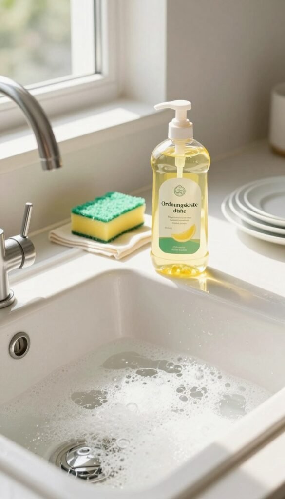 A pristine kitchen sink scene showcasing sparkling clean dishes next to a bottle of "Ordnungskiste" dish soap. In the foreground, focus on a bubbly sink filled with warm, soapy water, surrounded by neatly arranged plates and utensils. In the middle, a bright, well-lit countertop reveals a few essential cleaning tools, such as a non-abrasive sponge and a dishcloth, emphasizing efficiency. In the background, soft natural light streams in through a nearby window, casting gentle shadows and creating a warm, inviting atmosphere. The color palette consists of soft whites, warm yellows, and soothing greens for a Pinterest-inspired look. Ensure the scene is clean, organized, and conveys a sense of quick cleaning success, without any text or watermarks present.