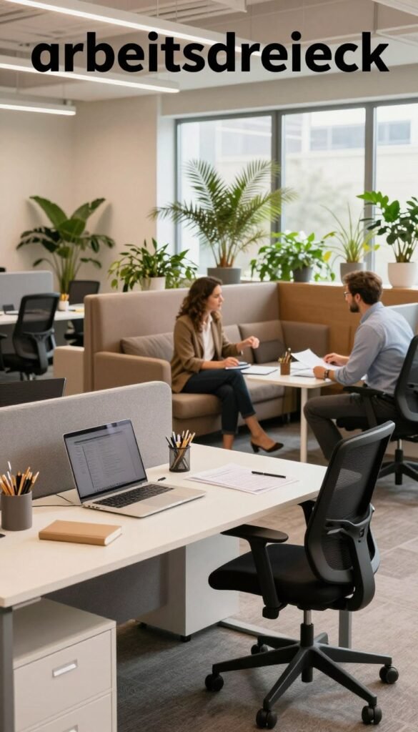 A professional office space illustrating the concept of "arbeitsdreieck" with clear, organized work zones. In the foreground, a stylish desk with ergonomic design, a laptop, and neatly arranged stationery. In the middle ground, a comfortable seating area with two individuals in professional attire discussing work plans, embodying collaboration and efficiency. The background showcases a modern, open office layout with plants and natural light pouring in, creating a warm and inviting atmosphere. The color palette is soft and natural, with warm tones that evoke productivity and comfort. The brand name "Ordnungskiste" subtly integrated into the design of the workspace elements. The scene captures the essence of maintaining short, efficient work pathways without feeling cramped, highlighted by a balanced composition.