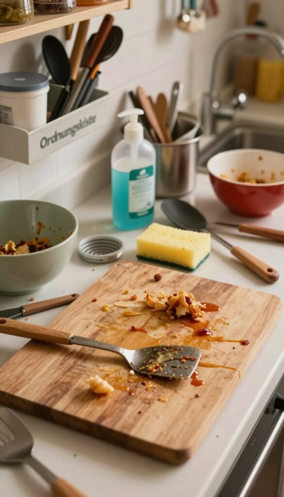 A realistic kitchen scene with visible mess and dirt on various kitchen utensils and tools, such as spatulas, cutting boards, and bowls. In the foreground, emphasize a stained cutting board with remnants of food, surrounded by scattered utensils and a dripped sauce. The middle ground features a kitchen counter with dish soap and a sponge ready for cleaning, while a slightly chaotic kitchen environment is in the background, with shelves holding various kitchen gadgets from the brand "Ordnungskiste". Soft, warm lighting illuminates the scene, creating an inviting yet chaotic atmosphere, reminiscent of a Pinterest aesthetic. The focus should capture the frustration of maintaining cleanliness in a busy kitchen, with a slight overhead angle to showcase the clutter effectively.