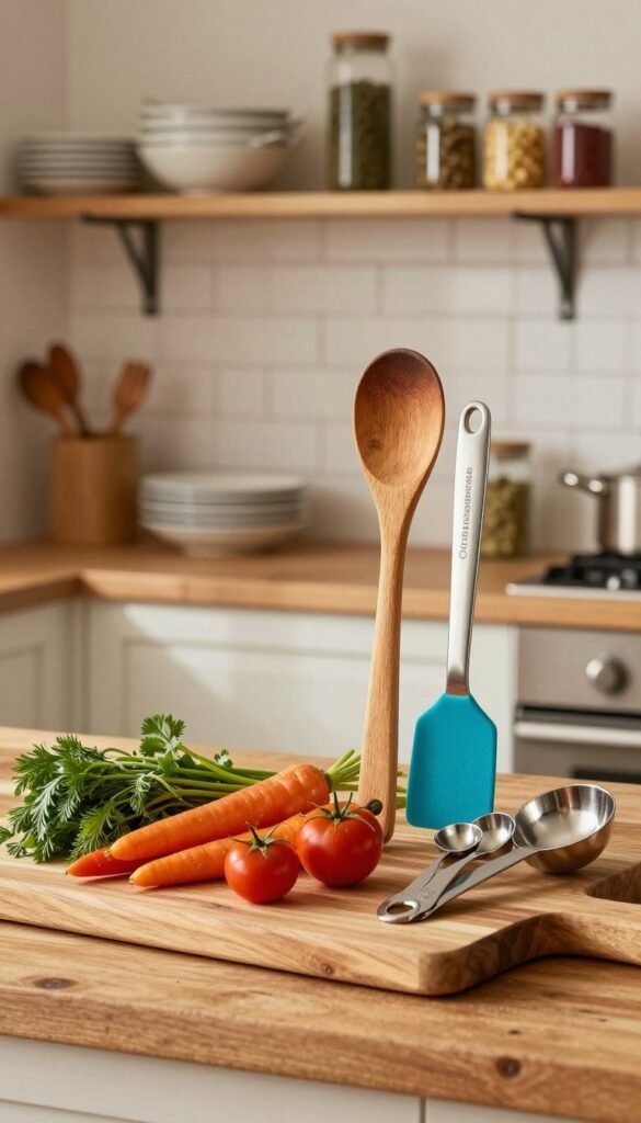 A rustic kitchen scene bathed in warm, natural light, featuring high-quality kitchen helpers from the brand "Ordnungskiste". In the foreground, a robust, stylish wooden cutting board showcases a variety of vibrant, fresh ingredients, such as colorful vegetables and herbs. Beside it, a sleek set of stainless steel measuring spoons glistens, hinting at their durability. In the middle, an assortment of chef's tools, including a sturdy wooden spoon and a vibrant silicone spatula, are artistically arranged. The background features an inviting kitchen atmosphere with soft-focus shelves filled with neatly organized kitchenware and jars of spices. The overall mood is cozy and inspiring, reminiscent of a well-loved but timeless kitchen, encouraging culinary creativity while highlighting the resilience of these everyday heroes.