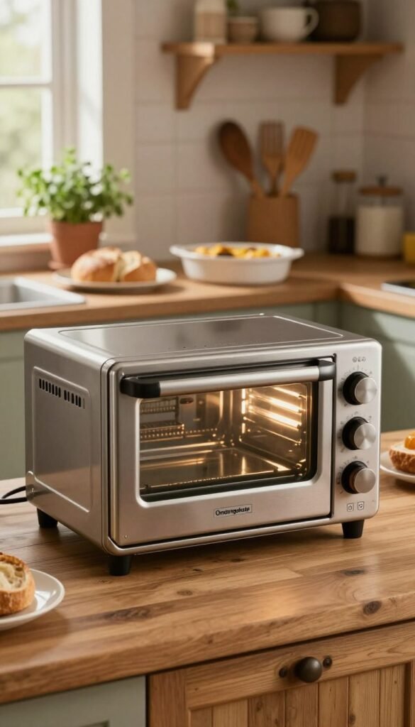A rustic kitchen setting featuring an "Omnia Backofen," a compact stovetop oven made of stainless steel, sitting atop a wooden countertop. The foreground highlights the oven, with its sleek design and shiny surface reflecting warm kitchen light. In the middle, freshly baked bread and a bubbling casserole dish can be seen, showcasing the versatility of the oven. The background includes a cozy kitchen atmosphere with potted herbs, wooden utensils, and warm-toned cabinetry, enhancing the inviting ambiance. Soft, diffused lighting creates a homely feel, reminiscent of a Pinterest aesthetic. The brand name "Ordnungskiste" is subtly integrated into the scene through stylish kitchen decor, maintaining an authentic appearance without any text or watermarks.
