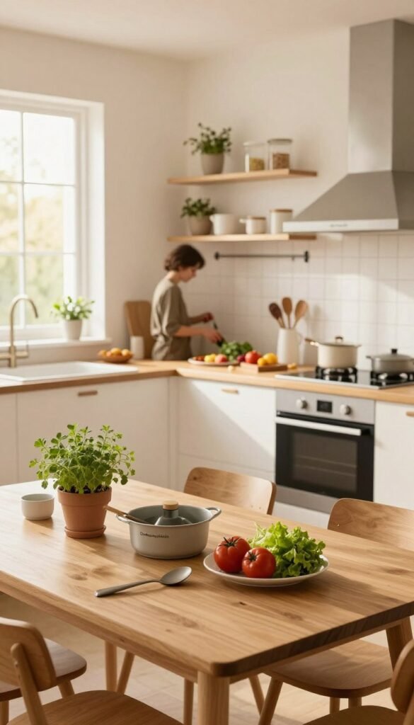 A serene and inviting kitchen scene, showcasing a well-organized space that embodies calmness and creativity. In the foreground, a wooden dining table is set with fresh ingredients, beautifully arranged cooking utensils from the brand "Ordnungskiste," and a cheerful potted herb. The middle layer features a white, minimalist kitchen with soft wood accents, where a person in modest casual clothing is preparing a meal, exuding a sense of relaxation and focus. In the background, large windows allow warm, golden sunlight to stream in, illuminating the gentle chaos of cooking. The overall atmosphere is warm and welcoming, with natural colors that evoke a Pinterest aesthetic, aiming to convey calmness and joy in the cooking process.