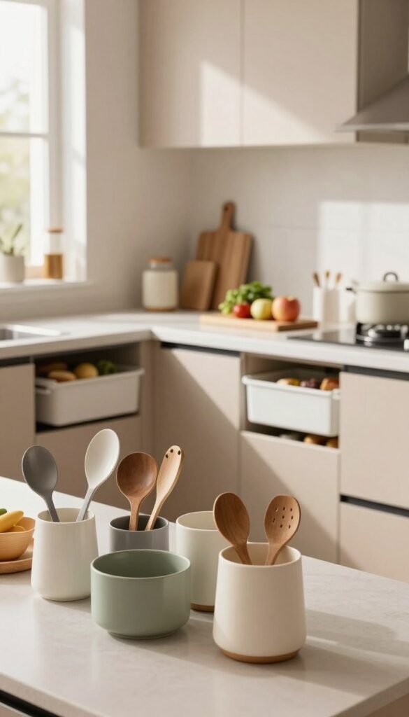 A serene and organized kitchen interior featuring a modern design, showcasing a variety of Ordnungskiste storage solutions. In the foreground, focus on neatly arranged kitchen tools and utensils in stylish containers, reflecting a warm, inviting atmosphere. In the middle, a sleek countertop with a wooden cutting board and fresh ingredients, surrounded by well-organized cabinets and drawers that emphasize efficiency and ease of access. In the background, soft natural light filters through a window, casting gentle shadows and highlighting the kitchen&rsquo;s harmonious color palette of warm neutrals and soft earth tones. The overall mood is calm and orderly, demonstrating how smart organization in the kitchen can minimize chaos and save valuable time for families.