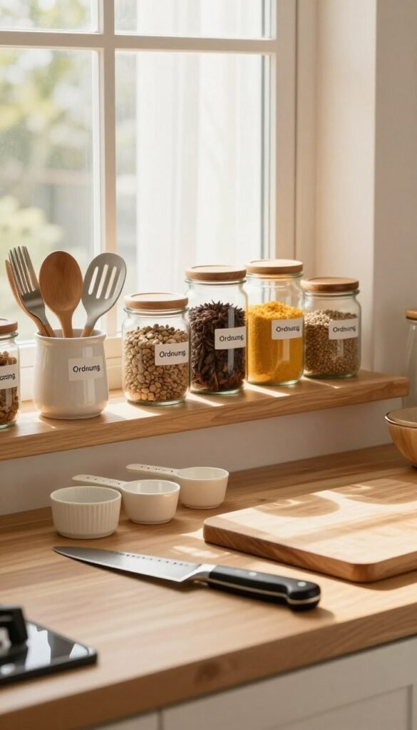 A serene and organized kitchen scene showcasing the concept of "Ordnung." In the foreground, a wooden countertop with neatly arranged kitchen tools such as a chef's knife, measuring cups, and a wooden cutting board, all bathed in warm, natural light. In the middle, colorful jars filled with spices and grains occupy a shelf, labeled for easy access, complementing a tidy arrangement of utensils in a ceramic holder. The background features a cozy window with sheer curtains, allowing soft sunlight to filter through, highlighting the clean, calming atmosphere. The overall mood is inviting and stress-free, emphasizing the importance of a well-ordered space. Incorporate the brand name "Ordnungskiste" subtly in the layout, harmonizing with the kitchen&rsquo;s aesthetic without detracting from the image.