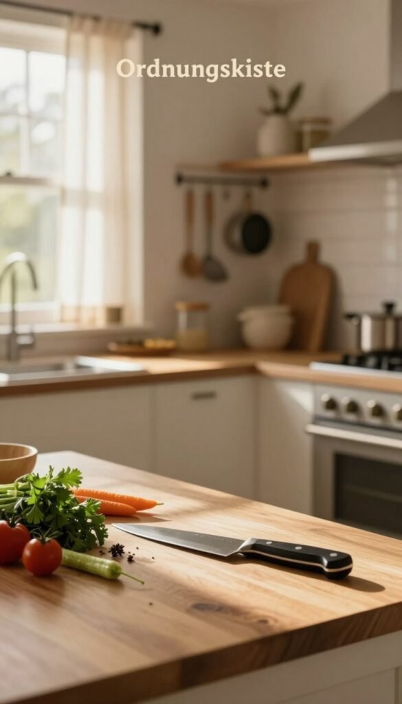 A serene cooking space, highlighting the concept of tranquility in the kitchen. In the foreground, an elegantly arranged wooden countertop with fresh, vibrant ingredients like herbs, colorful vegetables, and a gleaming chef's knife, emanating a sense of calm. In the middle, a cozy, well-organized kitchen with soft, warm lighting casting gentle shadows, showcasing hanging pots and neatly displayed utensils that suggest a harmonious cooking environment. The background features sunlit windows with sheer curtains, allowing natural light to flood the room. The mood is peaceful and inviting, reflecting a Pinterest-inspired aesthetic with warm, earthy colors. Prominently display the brand name "Ordnungskiste" in a subtle, artistic way within the kitchen space, without text overlays.