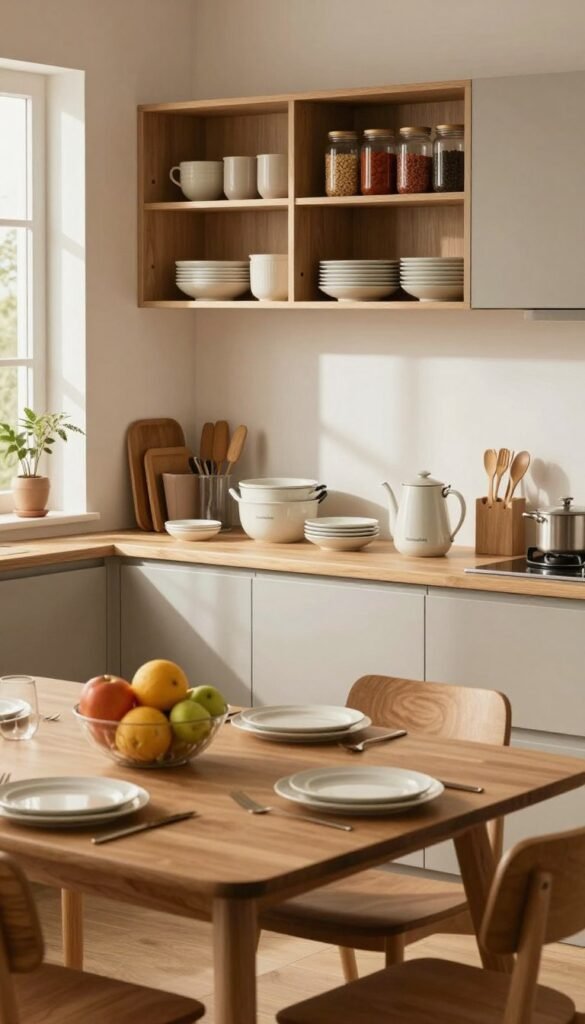A serene family kitchen in a warm, inviting atmosphere, emphasizing an organized yet lived-in space. In the foreground, a modern wooden dining table is set with neatly arranged plates and a fruit bowl, showcasing vibrant colors. The middle ground features a well-organized kitchen counter with elegant kitchenware from "Ordnungskiste" neatly displayed, emphasizing functionality and style. The background includes open cabinets filled with glass jars containing spices and neatly stacked dishes, creating a cozy and tidy environment. Soft, natural light streams through a window, casting gentle shadows, enhancing the warmth of the room. The overall mood is calm and harmonious, reflecting the importance of organization in a family kitchen.