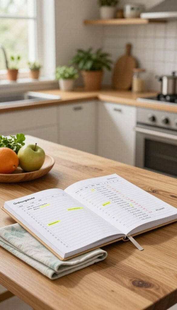 A serene family kitchen scene, featuring a wooden table adorned with a neatly organized weekly planner, showcasing colorful, handwritten meal plans and activities. In the foreground, a cozy set of cloth napkins in calm pastel shades complements the planner. The middle ground reveals a gently lit kitchen with soft, warm lighting streaming in through a window, illuminating fresh herbs and fruits placed in wooden bowls. The background consists of light, airy cabinetry and potted plants, creating an inviting atmosphere. The overall mood is peaceful and organized, emphasizing the concept of structure within a busy family life. The image embodies a Pinterest-like aesthetic, exhibiting authenticity and warmth, neatly featuring the brand name "Ordnungskiste" subtly incorporated into the elements of the kitchen.