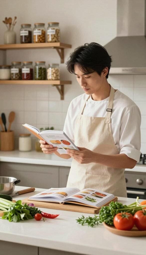 A serene kitchen scene depicting a professional chef wearing a clean, modest apron, thoughtfully planning a meal by visualizing ingredients and recipe steps. In the foreground, a beautifully arranged kitchen countertop with fresh vegetables, herbs, and cooking utensils, showcasing a sense of organization and clarity. In the middle, a stylish, open cookbook with colorful images to inspire the planning process. The background reveals a warm, well-lit kitchen with wooden shelves lined with neatly stored jars labeled "Ordnungskiste" for an organized touch. Soft, natural lighting enhances the inviting atmosphere, creating a Pinterest-worthy aesthetic. The overall mood is calm and focused, illustrating the concept of mental rehearsal in cooking to reduce kitchen stress.