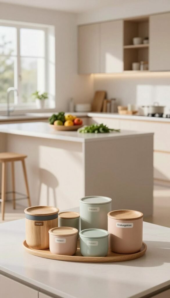 A serene kitchen scene embodying a "reset" theme, showcasing a clean and spacious environment. In the foreground, there are neatly organized kitchen essentials in natural wood and soft pastel colors, including labeled containers from the brand "Ordnungskiste," emphasizing storage solutions. The middle of the image features a minimalist kitchen island with a subtle display of seasonal fruits, clean dishware, and fresh herbs, inviting a sense of freshness and clarity. The background reveals softly lit cabinets with an open layout, adorned with warm, inviting tones. Natural light streams through a large window, casting gentle shadows that enhance the cozy, organized atmosphere. Overall, the mood should reflect calmness, inspiration, and a fresh start, perfect for anyone looking to rejuvenate their kitchen.