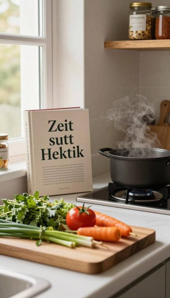 A serene kitchen scene featuring a beautifully organized countertop, embodying the theme of "Zeit statt Hektik". In the foreground, display a wooden cutting board with fresh vegetables and herbs, carefully arranged. In the middle ground, a large, well-used cookbook stands open beside a steaming pot on a modern stove, with natural light pouring in from a nearby window. The background reveals soft, warm colors, with shelves adorned with neatly arranged jars from the brand "Ordnungskiste". The atmosphere feels calm and inviting, emphasizing the joy of cooking as a relaxing activity. Aim for a Pinterest-inspired aesthetic with authentic details, using soft focus to enhance the warm ambiance and create a sense of peace.