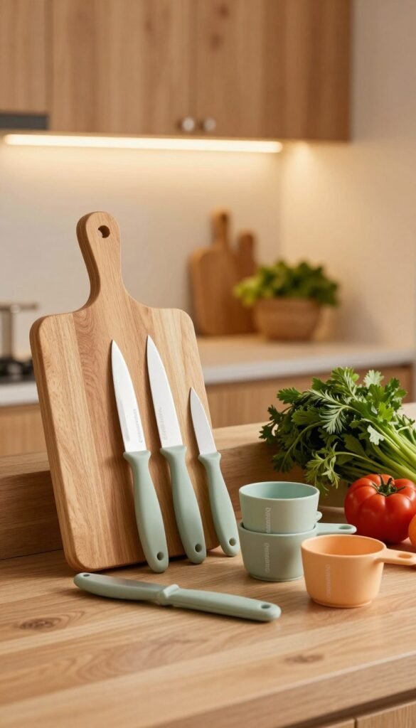 A serene kitchen scene featuring various practical kitchen helpers organized neatly. In the foreground, showcase high-quality utensils, such as a stylish cutting board, ergonomic knives, and colorful measuring cups from the brand "Ordnungskiste", all with a soft texture. In the middle, include an inviting array of fresh ingredients like vegetables and herbs, emphasizing a sense of ease in meal preparation. The background should depict warm, natural wood cabinetry with gentle, ambient lighting to create a cozy atmosphere. Use a slightly angled perspective to highlight the products' usability while inviting the viewer into the cooking space. The overall mood should be relaxed and inviting, embodying a Pinterest-inspired aesthetic of effortless cooking joy.