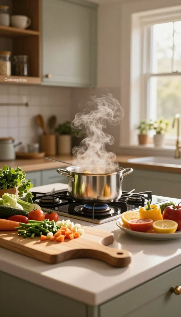 A serene kitchen scene representing mindfulness in cooking, featuring a beautifully organized countertop with fresh ingredients like colorful vegetables and aromatic herbs. In the foreground, a couple of wooden cutting boards are artfully arranged, one with chopped ingredients and the other displaying a vibrant fruit selection. In the middle, a stainless steel pot simmers gently on a sleek stove, emitting a soft steam that enhances the cozy atmosphere. The background reveals a window with natural light pouring in, casting a warm glow over the space, illuminating the details of the elegant cabinets labeled "Ordnungskiste" on the shelves. The mood is calming and inviting, with warm colors, soft shadows, and a Pinterest-inspired aesthetic, emphasizing tranquility and flow in the cooking experience.