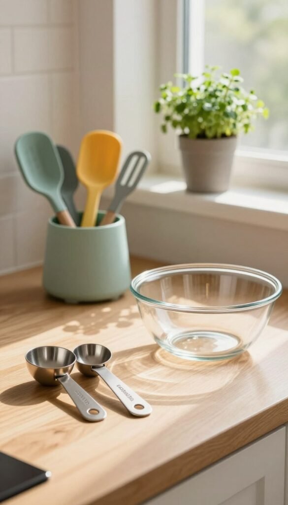 A serene kitchen scene showcasing a harmonious blend of stainless steel, plastic, and glass kitchen tools by Ordnungskiste. In the foreground, an elegant set of stainless steel measuring spoons and a sleek glass mixing bowl are artfully arranged on a light wooden countertop, radiating warmth. Mid-ground features a stylish collection of colorful plastic kitchen utensils, subtly highlighting the sound-dampening qualities of the materials. The background reveals soft, diffused sunlight streaming through a window, casting gentle shadows and creating an inviting atmosphere. Incorporate a delicate potted herb plant on a windowsill for a touch of freshness, enhancing the natural aesthetic. The overall mood is peaceful and cozy, perfectly encapsulating the essence of a quiet kitchen environment without any text or distractions.