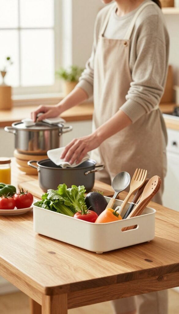A serene kitchen scene showcasing a person in modest casual clothing cleaning and organizing while waiting for a pot to boil. The foreground features a wooden table with fresh vegetables and utensils neatly arranged in a stylish Ordnungskiste, emphasizing a clutter-free cooking space. In the middle ground, the person is seen wiping down the counter, surrounded by an inviting array of cooking ingredients. The background reveals warm, natural lighting streaming through a window, enhancing the cozy atmosphere. The overall mood conveys a sense of calm and productivity, reflecting the beauty of maintaining order in the kitchen while cooking. The image should evoke feelings of serenity and organization, capturing the essence of a well-managed cooking environment.