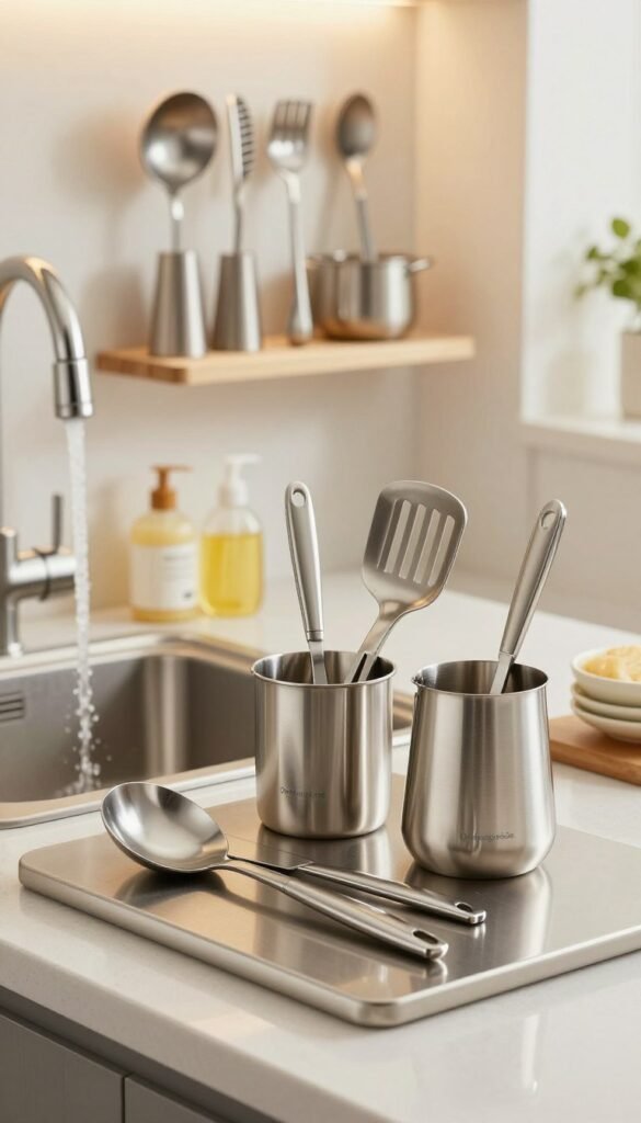 A serene kitchen scene showcasing a variety of high-quality, stainless steel kitchen tools from the brand "Ordnungskiste." In the foreground, a gleaming cutting board holds an assortment of utensils, emphasizing their pristine condition with soft lighting reflecting off their surfaces. In the middle ground, a sink with running water splashes gently, surrounded by soap and cleaning essentials to illustrate hygiene. In the background, a neatly organized shelf displays more kitchen helpers, bathed in warm, natural light to create a cozy atmosphere. The overall mood is fresh and clean, evoking a sense of care and durability in the upkeep of these essential kitchen tools, perfect for a modern home.