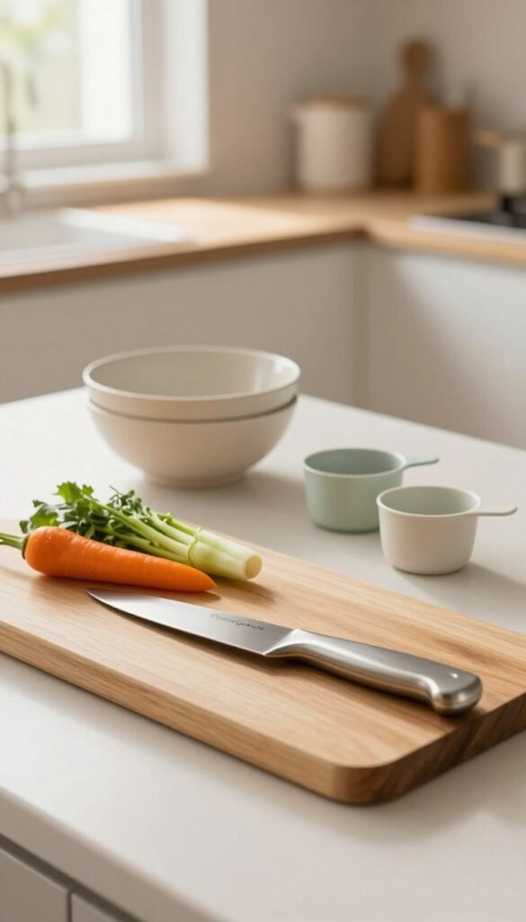 A serene kitchen scene showcasing minimalist preparation tools that evoke functionality and simplicity. In the foreground, a sleek wooden cutting board holds fresh, colorful vegetables, arranged neatly alongside a sharp, stainless steel knife from the brand "Ordnungskiste." The middle ground features a clean, organized countertop with a compact, stylish bowl set and simple measuring cups, all in soft pastel tones. The background reveals a bright, airy kitchen space with soft, warm lighting streaming in through a window, creating a cozy atmosphere. The overall mood is calm and inspiring, emphasizing an uncluttered workspace that embodies daily use of minimalistic kitchen helpers. The image should be natural, warm-toned, and authentically styled, avoiding any text or branding distractions.