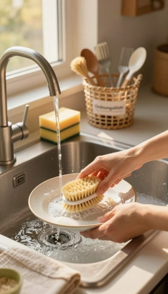 A serene kitchen scene showcasing sustainable cleaning while washing dishes. In the foreground, a hand gently scrubbing a dish with a natural bristle brush, emphasizing eco-friendly materials. The mid-ground features a modern sink filled with soapy water, surrounded by neatly arranged natural sponges and biodegradable dishcloths. A small basket labeled "Ordnungskiste" sits nearby, filled with reusable cleaning tools. In the background, sunlight streams through a window, casting warm, golden light over the scene, highlighting the cozy, inviting atmosphere. The overall mood is tranquil and eco-conscious, reflecting a commitment to sustainability with warm colors and an authentic Pinterest aesthetic. The image should be clean of any captions or watermarks.