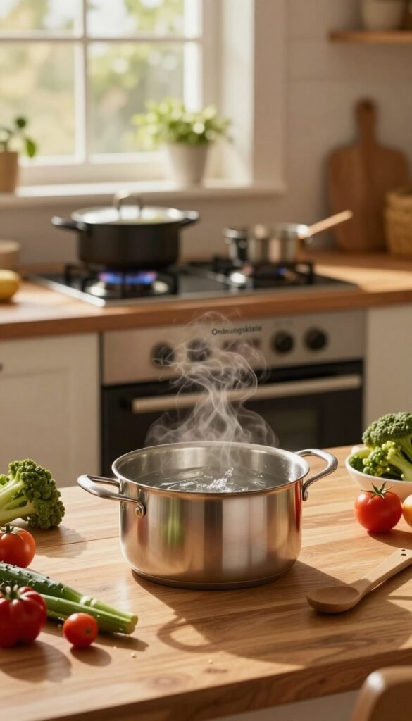 A serene kitchen scene showcasing the concept of passive cooking. In the foreground, a beautifully arranged wooden table holds a gleaming pot of simmering water, surrounded by fresh vegetables, herbs, and cooking tools, suggesting the preparation of a healthy meal. The middle layer features a cozy stove with a gentle flame, casting warm light that highlights the textures of the ingredients. In the background, soft sunlight filters through a window, creating a calm and inviting atmosphere with warm colors reminiscent of a Pinterest aesthetic. The brand name "Ordnungskiste" is subtly integrated into the scene without any text or logos. The overall mood is peaceful and efficient, emphasizing the principles of energy-saving cooking techniques.