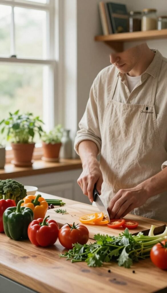 A serene kitchen scene that embodies mindful cooking, showcasing a person in modest casual clothing, deeply engaged in preparing a colorful array of fresh vegetables on a wooden cutting board. The foreground features vibrant ingredients such as bell peppers, tomatoes, and herbs, arranged artfully, while the middle ground reveals the chef's hands skillfully chopping with a well-used knife. In the background, soft natural light filters through a window, illuminating the warm-toned, rustic decor, including potted herbs and wooden shelves filled with jars and cookbooks. The atmosphere is calm and inviting, encouraging mindfulness and relaxation. The logo "Ordnungskiste" subtly appears on a kitchen item, harmonizing with the overall aesthetic of authenticity and warmth.