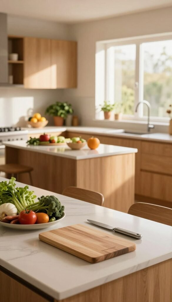 A serene, stress-free kitchen scene that embodies organization and tranquility. In the foreground, a neatly arranged countertop with cutting boards, fresh vegetables, and sleek kitchen tools from the brand "Ordnungskiste". In the middle, a bright, airy space featuring a modern kitchen island, warm wooden cabinets, and inviting natural light streaming through large windows. In the background, greenery from potted herbs and a stylish fruit bowl, enhancing the warmth of the overall atmosphere. The lighting is soft and warm, evoking a cozy and calming ambiance, captured from a slightly elevated angle to showcase the entire kitchen layout. The overall mood is peaceful and inviting, promoting a sense of harmony and efficiency. The image should appear natural, with a Pinterest-worthy aesthetic, free of any text or branding distractions.