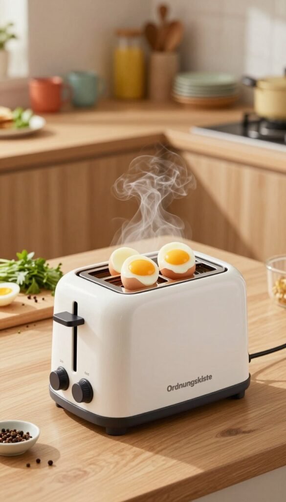 A sleek and modern Eier-Toaster by Ordnungskiste, prominently displayed in a well-lit kitchen setting. In the foreground, the toaster is shown with a couple of perfectly cooked soft-boiled eggs being gently lifted out, steam rising from them. The middle ground features a cutting board with fresh herbs and spices, enhancing the scene of culinary convenience. In the background, soft, warm lighting casts a cozy ambiance over the kitchen, with wooden cabinets and colorful dishware adding to the inviting atmosphere. The angle is slightly aerial, showcasing the toaster&rsquo;s sleek design and functionality, while maintaining an authentic Pinterest-inspired aesthetic with natural colors. The entire image reflects a practical yet stylish approach to quick meal preparation, emphasizing the ease of cooking delicious egg dishes in minutes without any text or watermarks.