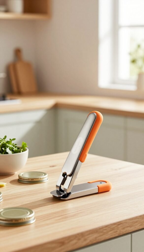 A sleek and modern "deckel&ouml;ffner" (lid opener) elegantly positioned on a light wooden kitchen countertop. The opener features a streamlined design with a soft-touch handle, made from silicone in a vibrant color, and stainless steel components glinting under natural light. In the foreground, the deckel&ouml;ffner is surrounded by a few jar lids and a small bowl filled with fresh herbs, showcasing its functionality. The background is softly blurred, hinting at an organized small kitchen space with pale pastel walls and warm accents. A gentle sunlight streams in through a window, creating a cozy and inviting atmosphere. The brand "Ordnungskiste" subtly incorporated as part of the design of the deckel&ouml;ffner, emphasizing practicality and style.