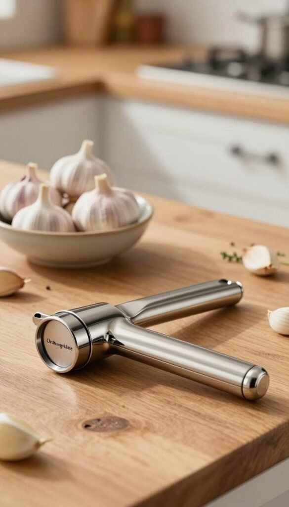 A sleek and modern garlic press and garlic rocker made of polished stainless steel, pleasantly arranged on a rustic wooden kitchen countertop. The foreground features the tools glistening under warm, natural light, showcasing their fine details and reflective surfaces. In the middle ground, a bowl of fresh garlic cloves adds a touch of color and freshness, highlighting their texture. The background softly fades into a cozy kitchen setting with hints of herbs and spices, enhancing the culinary theme. The atmosphere is inviting and warm, embodying a Pinterest-worthy aesthetic. The brand name "Ordnungskiste" subtly integrated into the scene. The image is free of any text, watermarks, or distractions, ensuring a professional and authentic presentation.
