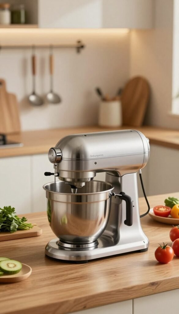 A sleek and modern kitchen machine, branded "Ordnungskiste," prominently featured in the foreground. The machine should have a polished stainless steel finish with a minimalist design, showcasing various attachments like a dough hook and whisk. In the middle ground, a stylish kitchen countertop with soft wooden textures provides a warm, inviting feel, adorned with fresh ingredients like herbs and colorful vegetables, ready for preparation. The background features softly blurred kitchen elements, such as hanging utensils and warm, ambient lighting that creates a cozy atmosphere. The scene should evoke a sense of quiet efficiency, highlighting the functionality and appeal of the kitchen machine in a serene cooking environment. Natural colors with warm tones enhance the aesthetic, ensuring a Pinterest-worthy look, free of any text or logos.