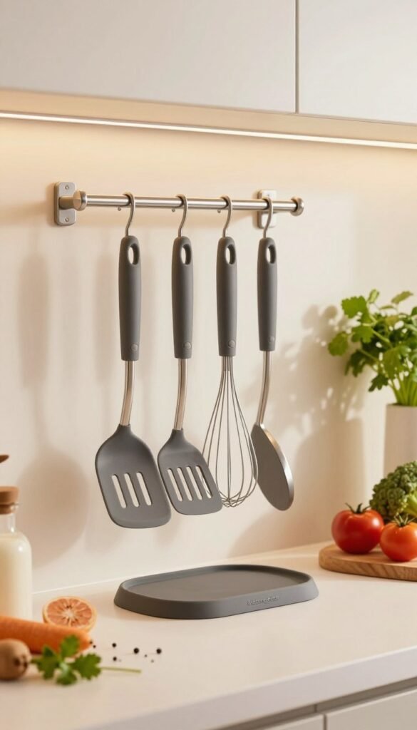 A sleek and modern kitchen scene featuring a silicone and stainless steel kitchen helper set from the brand "Ordnungskiste." In the foreground, display a beautifully arranged set of cooking utensils including a spatula, whisk, and tongs, all hanging neatly on a minimalist wall-mounted rack. The middle ground showcases a bright, organized kitchen countertop adorned with fresh ingredients and cooking essentials, illuminated by soft, warm lighting that creates an inviting atmosphere. In the background, subtle hints of greenery from potted herbs add a touch of life. The overall mood is cozy and orderly, emphasizing a clutter-free environment, ideal for stress-free cooking. The image should embody a natural aesthetic with warm tones, resembling Pinterest-style home decor photography, without any text or branding in the image.