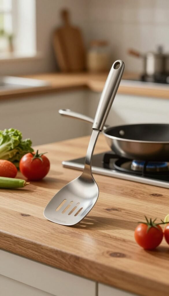 A sleek and modern "pfannenwender" kitchen utensil made of high-quality stainless steel, elegantly displayed in a well-lit kitchen setting. In the foreground, the pfannenwender shines with a polished surface, reflecting warm light. The middle ground features a rustic wooden countertop adorned with vibrant vegetables and a frying pan, subtly indicating its practical use. The background showcases a softly blurred kitchen with natural elements, enhancing the inviting atmosphere. The overall mood is warm and authentic, with inviting colors reminiscent of cozy home cooking. The brand &ldquo;Ordnungskiste&rdquo; is subtly integrated into the scene, perhaps on a stylish label on the countertop, enhancing the authenticity without overpowering the image.