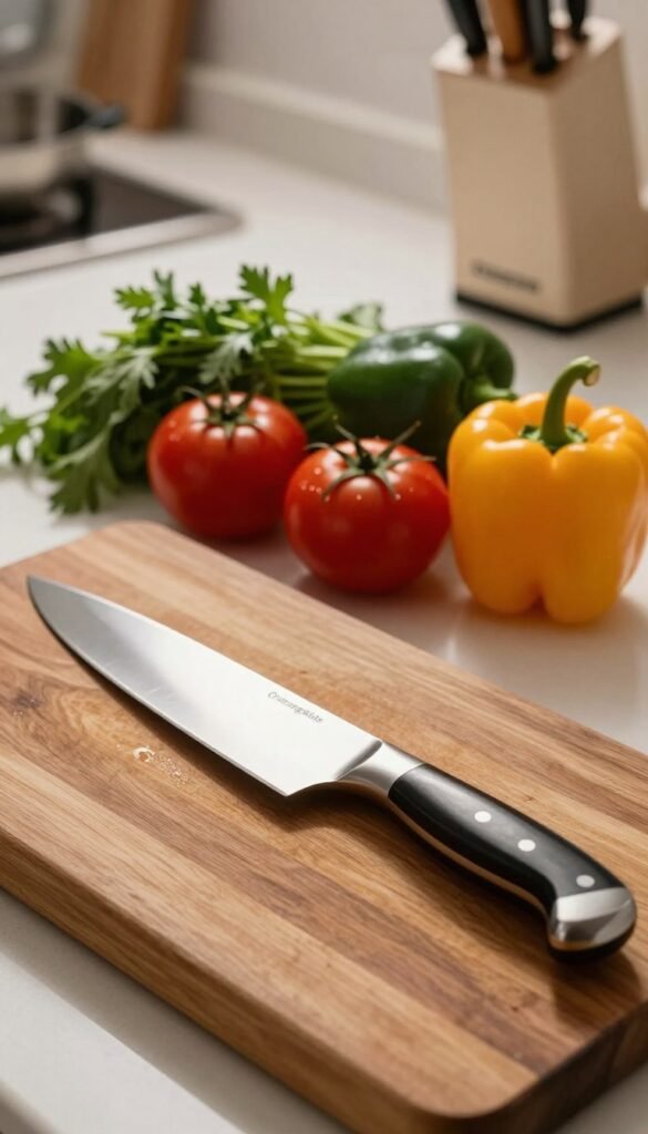 A sleek, high-quality chef's knife in the foreground, elegantly placed on a rustic wooden cutting board, glistening under soft, warm kitchen lighting. The knife's blade is sharp and polished, reflecting light, showcasing its precision. In the middle ground, a variety of fresh vegetables&mdash;vibrant tomatoes, crisp bell peppers, and fragrant herbs&mdash;are artfully arranged, ready to be chopped. Behind, a tidy kitchen countertop with subtle hints of cooking tools and utensils, including a cutting mat and a stylish knife block branded with "Ordnungskiste". The atmosphere conveys a cozy, inviting space, emphasizing safety and efficiency in cooking. The composition is captured from a slightly elevated angle, with a shallow depth of field to draw attention to the knife and ingredients, creating an authentic Pinterest-inspired look.